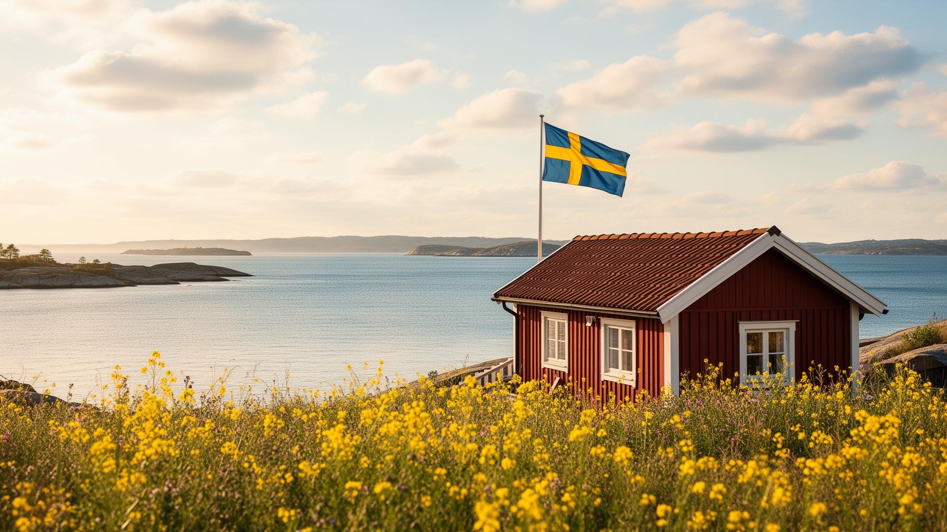 Swedish coast background with red house and flag